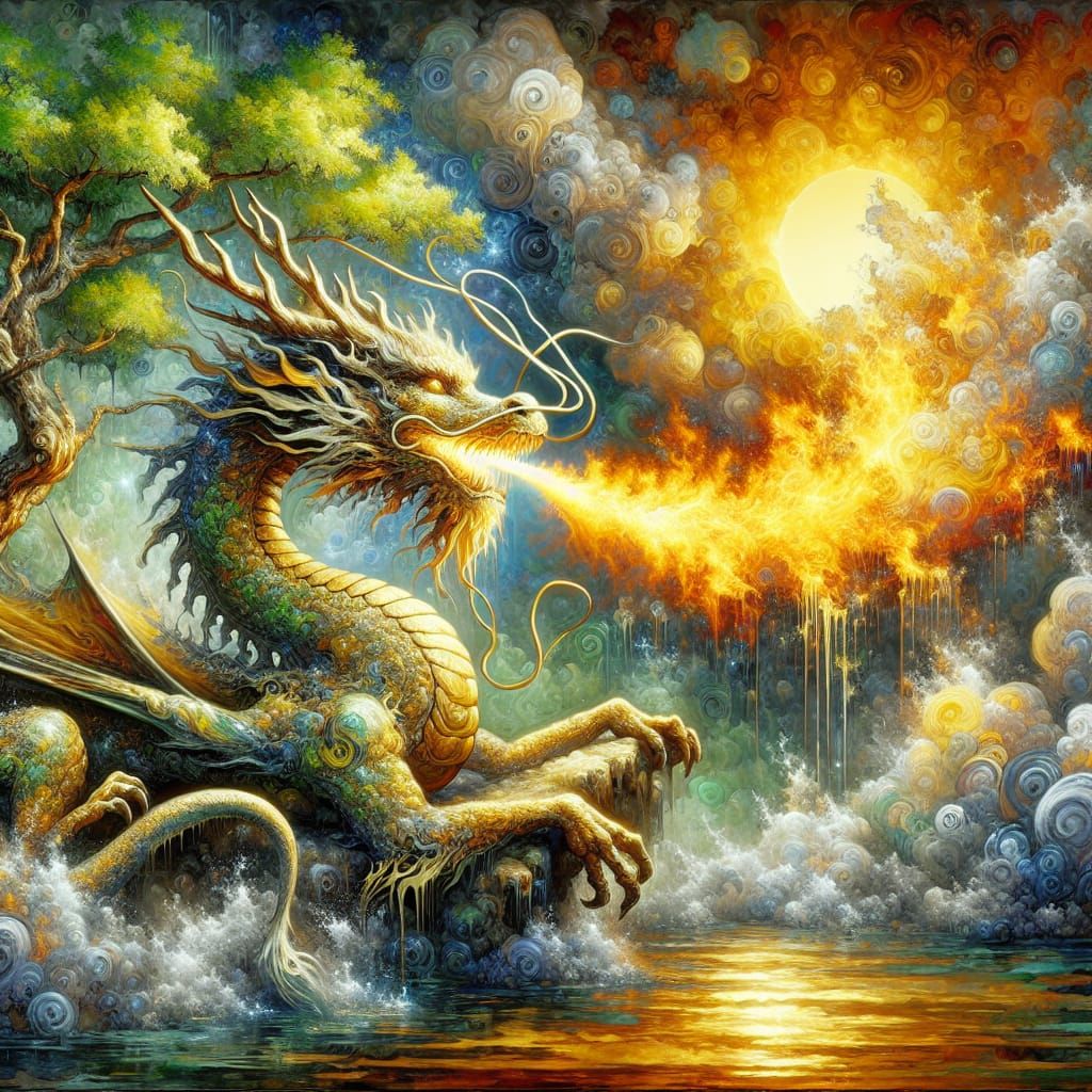 A dragon made of gold shining in the sunlight among the trees spits fire from its mouth and creates a ...  by @wertyuiopasdfghjklzxcvbnm