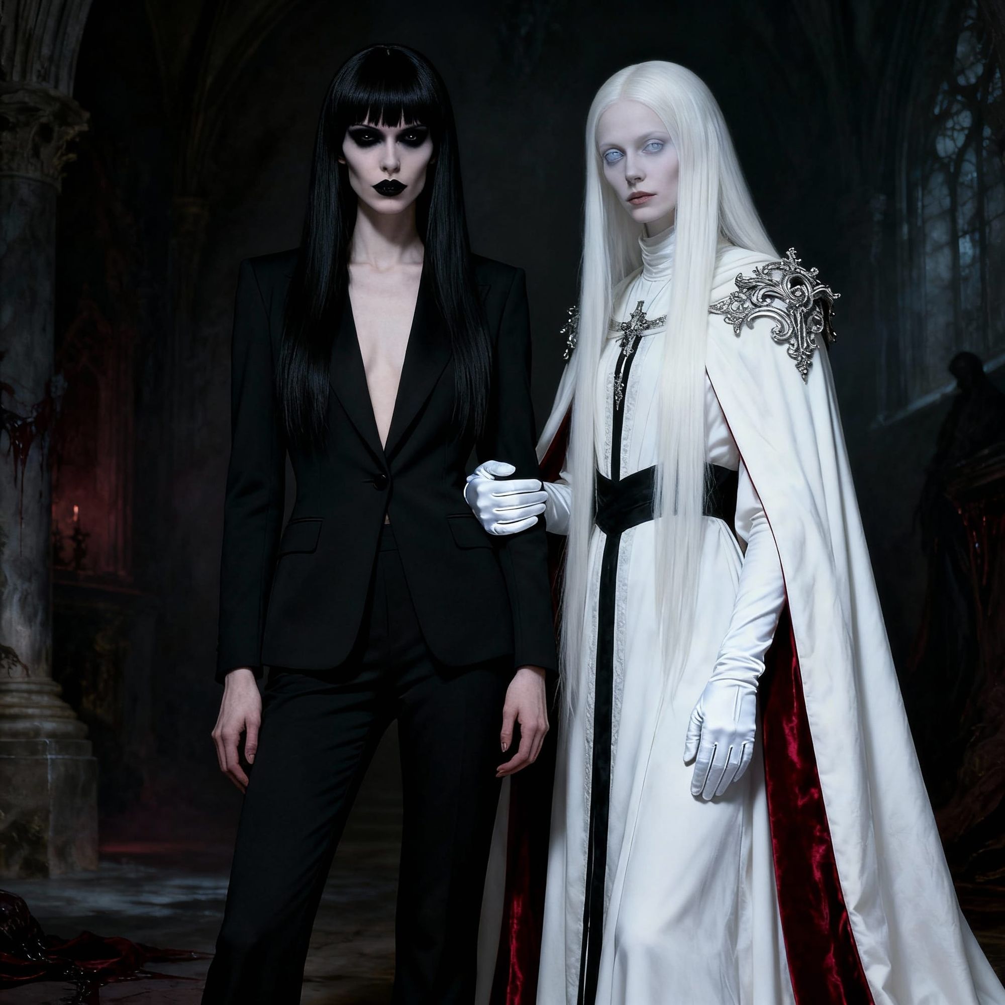 An elegant vampire woman, slender, with long straight black hair with blunt bangs, wearing a black tailored two-piece suit (feminine cut) wi...