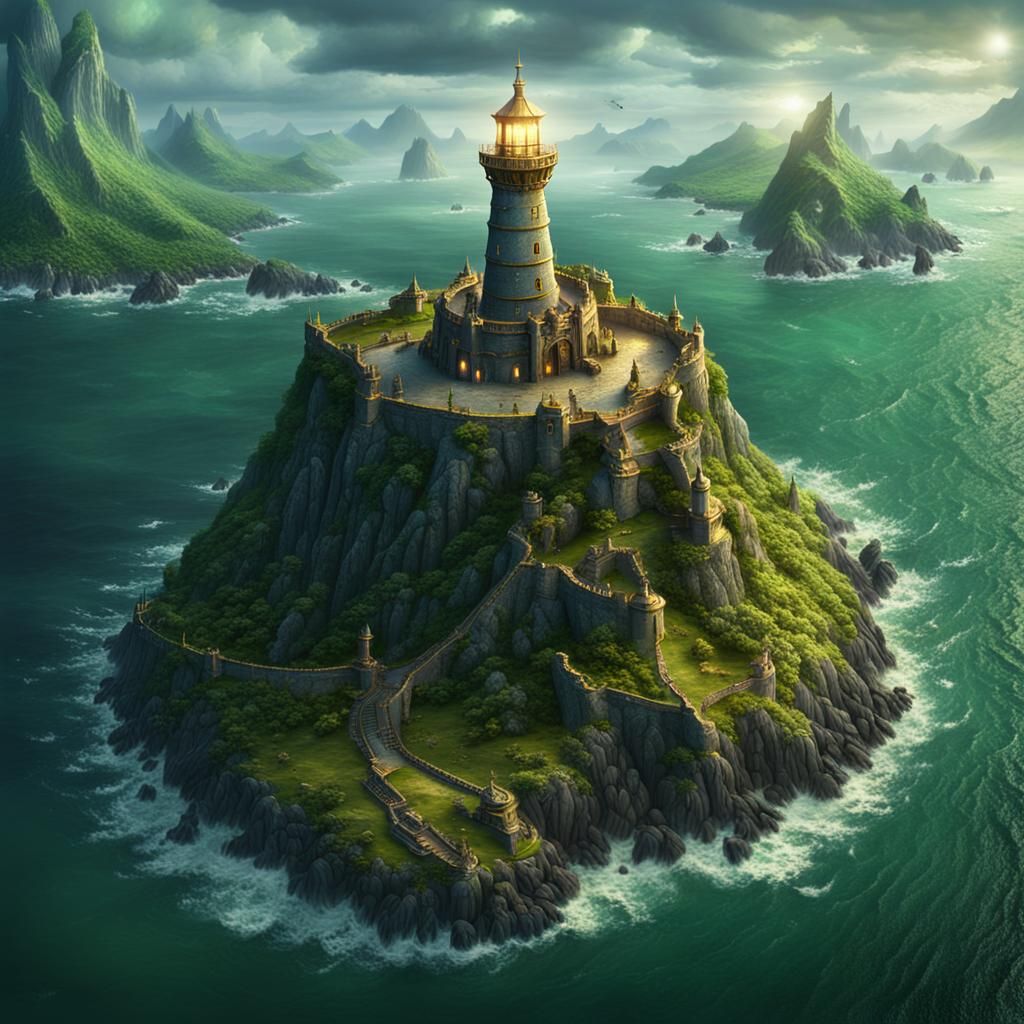 Ancient elven lighthouse, dark fantasy, medieval, south american style, gold-trimmed stone, green peninsula connected to the mainland, vast...