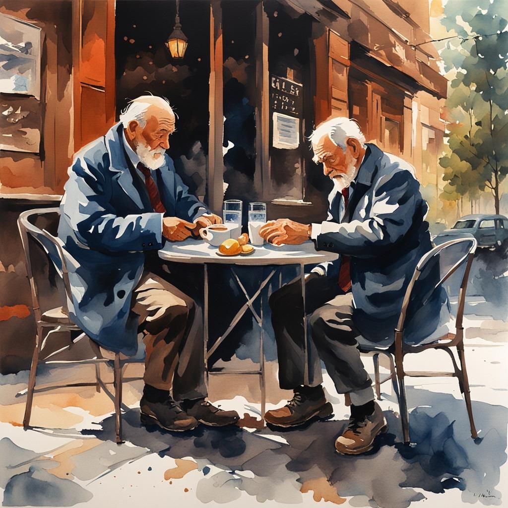 Cafe Lunch: Watercolor Painting with Dark Shadows