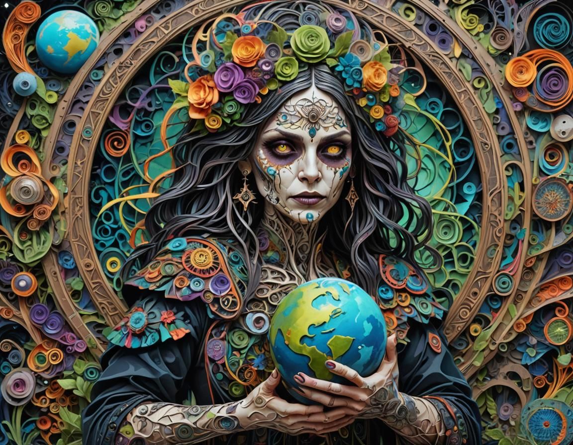 A psychedelic art of a beautiful mother holding earth, 8k resolution ...