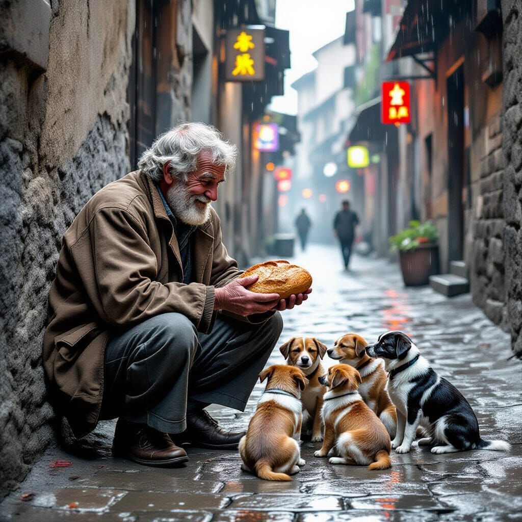 A grizzled old man, with a kind smile and weathered hands, shares his meager loaf of bread with a pack ...  by @JAYDE7