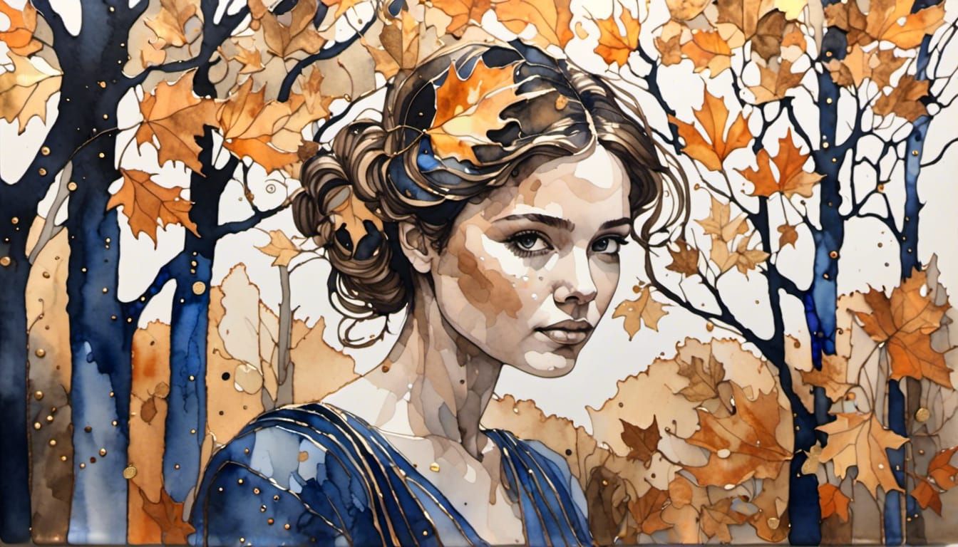 Black ink, watercolor portrait of a young woman in the garden, Autumn, leaf-less trees, black, gold, orange, sage and browns, shading in ind...