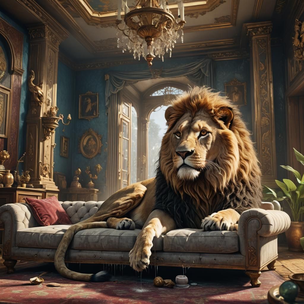 Lioness Cleans House as Lion Relaxes