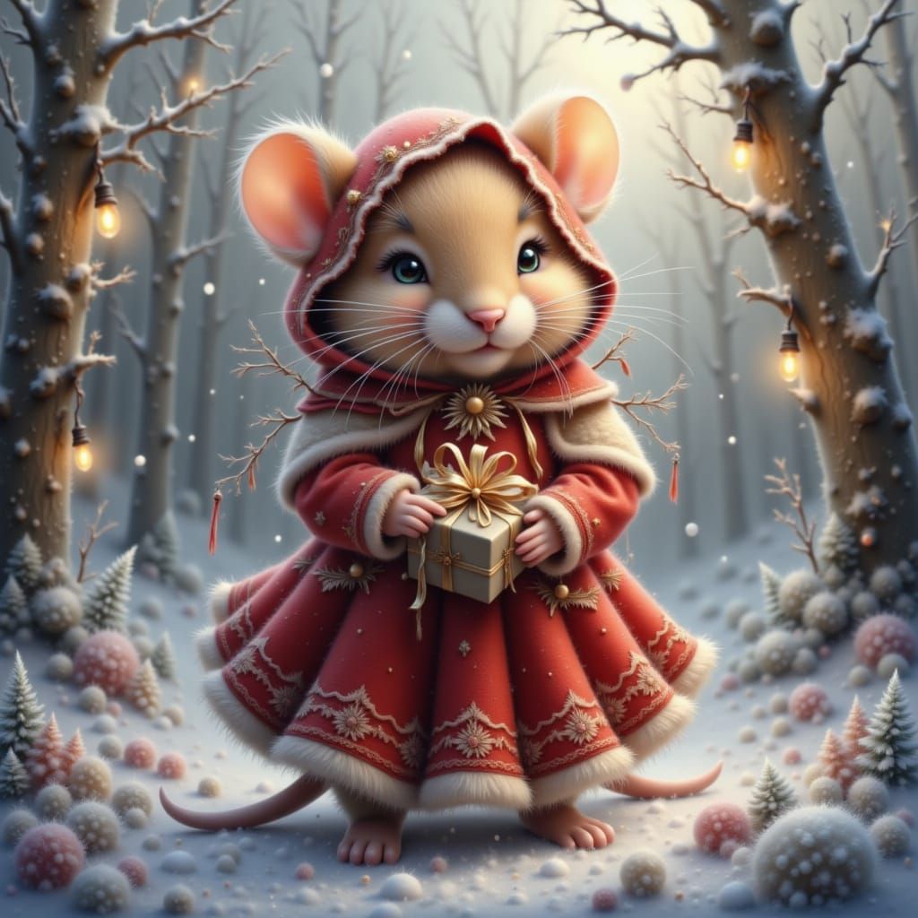 <lora:Let It Snowflake:1.0> <lora:Christmas Glow 1-02:1.0> A warm winter scene featuring a mouse in a vintage red dress with intricate detai...