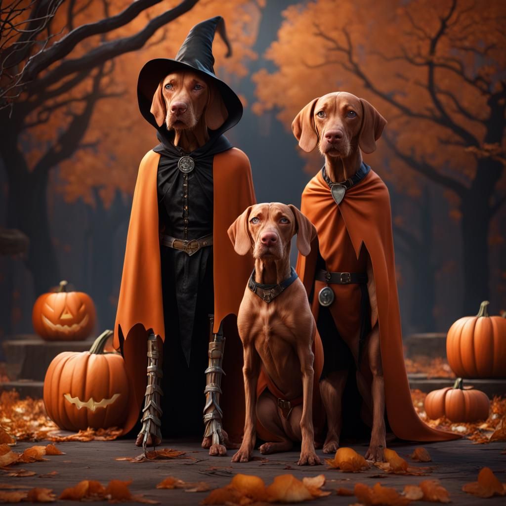 Vizsla family in Halloween costumes. AI Generated Artwork NightCafe