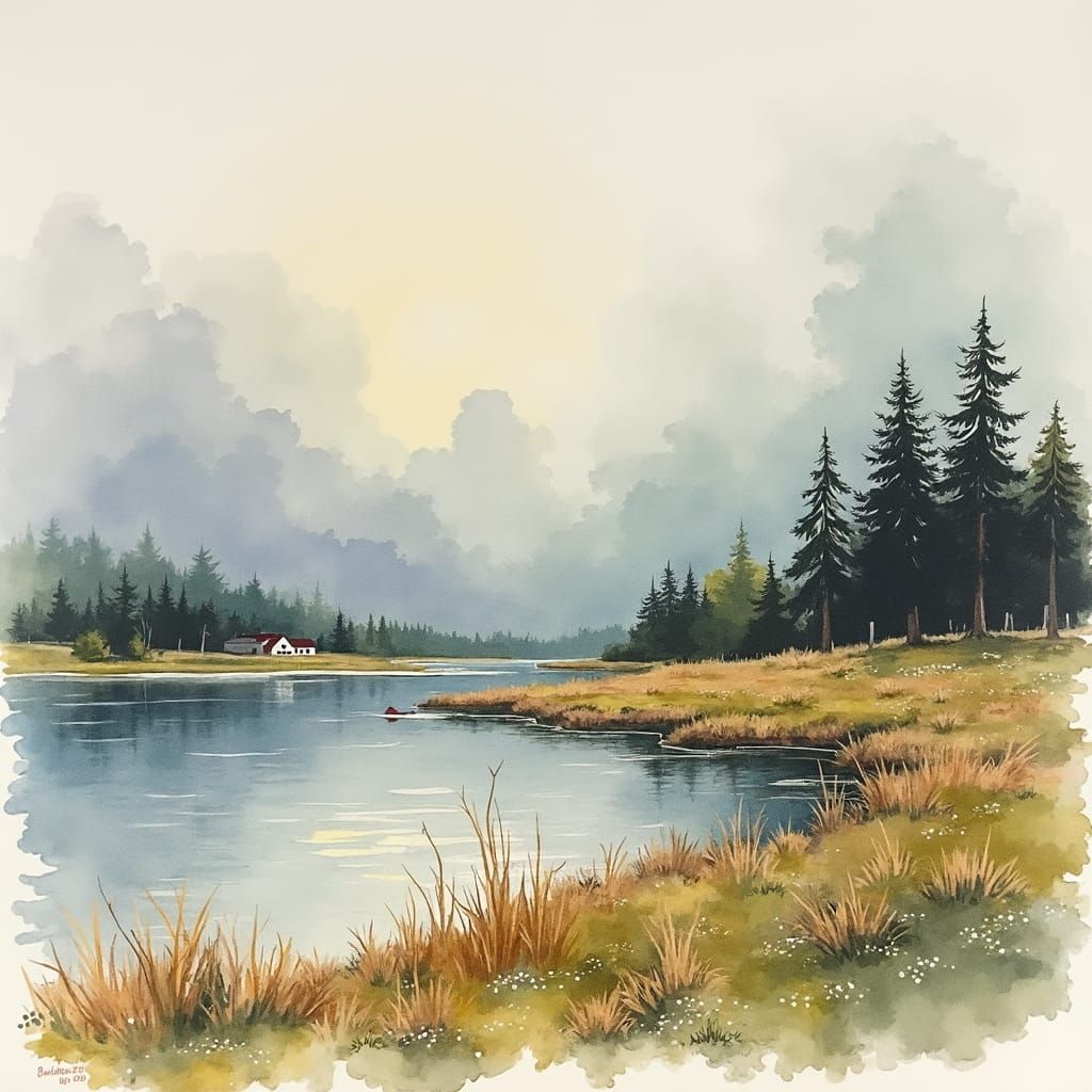 New England Landscape in Watercolor Style