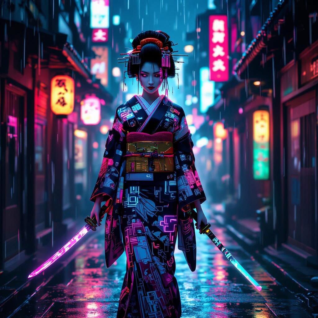 A cyberpunk geisha walks through a neon-lit alleyway, her kimono adorned with glowing circuits and holographic patterns....
