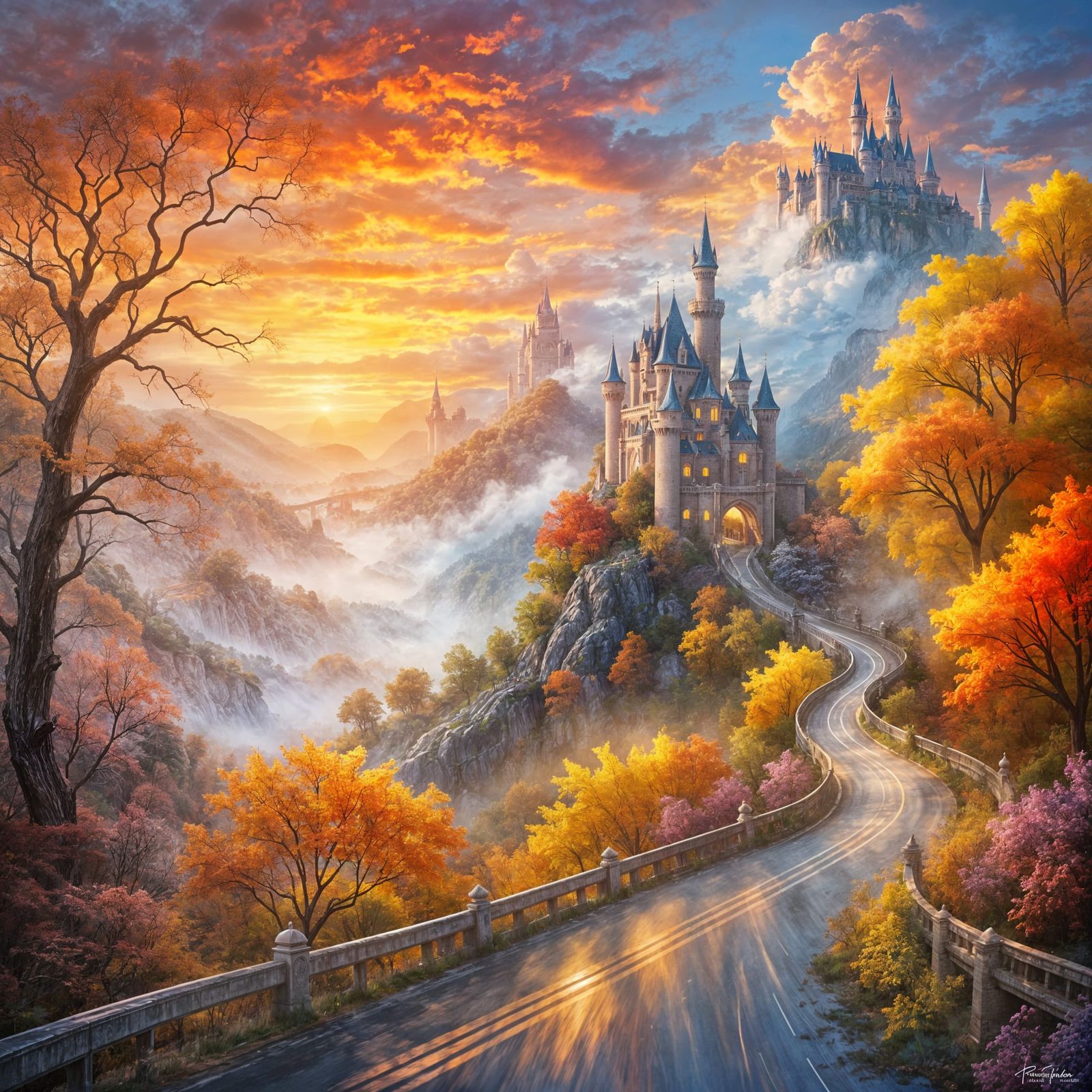 Formula 1 Car Speeds Towards Fairytale Castle at Sunset