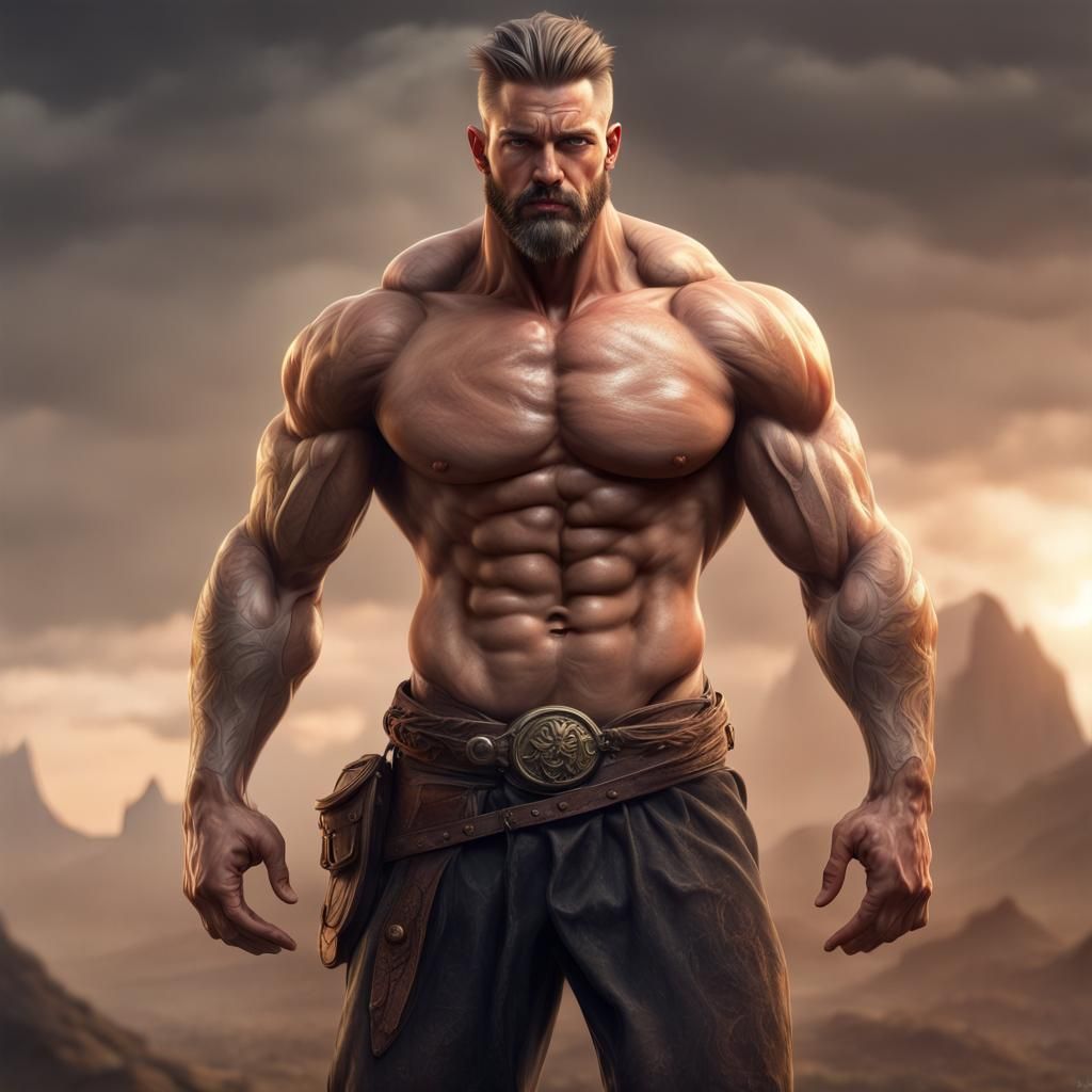 Muscle God Full Body Portrait in Detailed Matte Painting