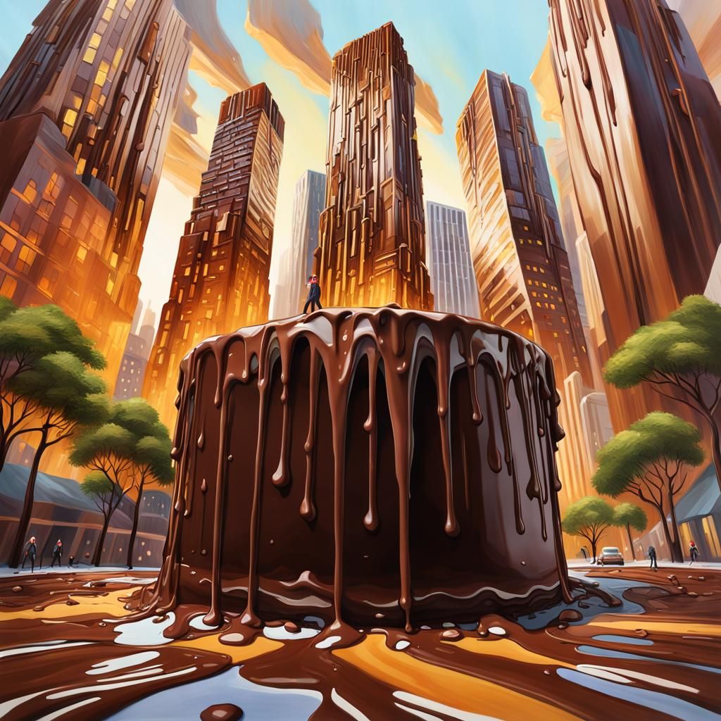 waterfalls of chocolate sliding down the facades of skyscrapers. A chocolate and cream cake instead of ...  by @Mauro Vandal