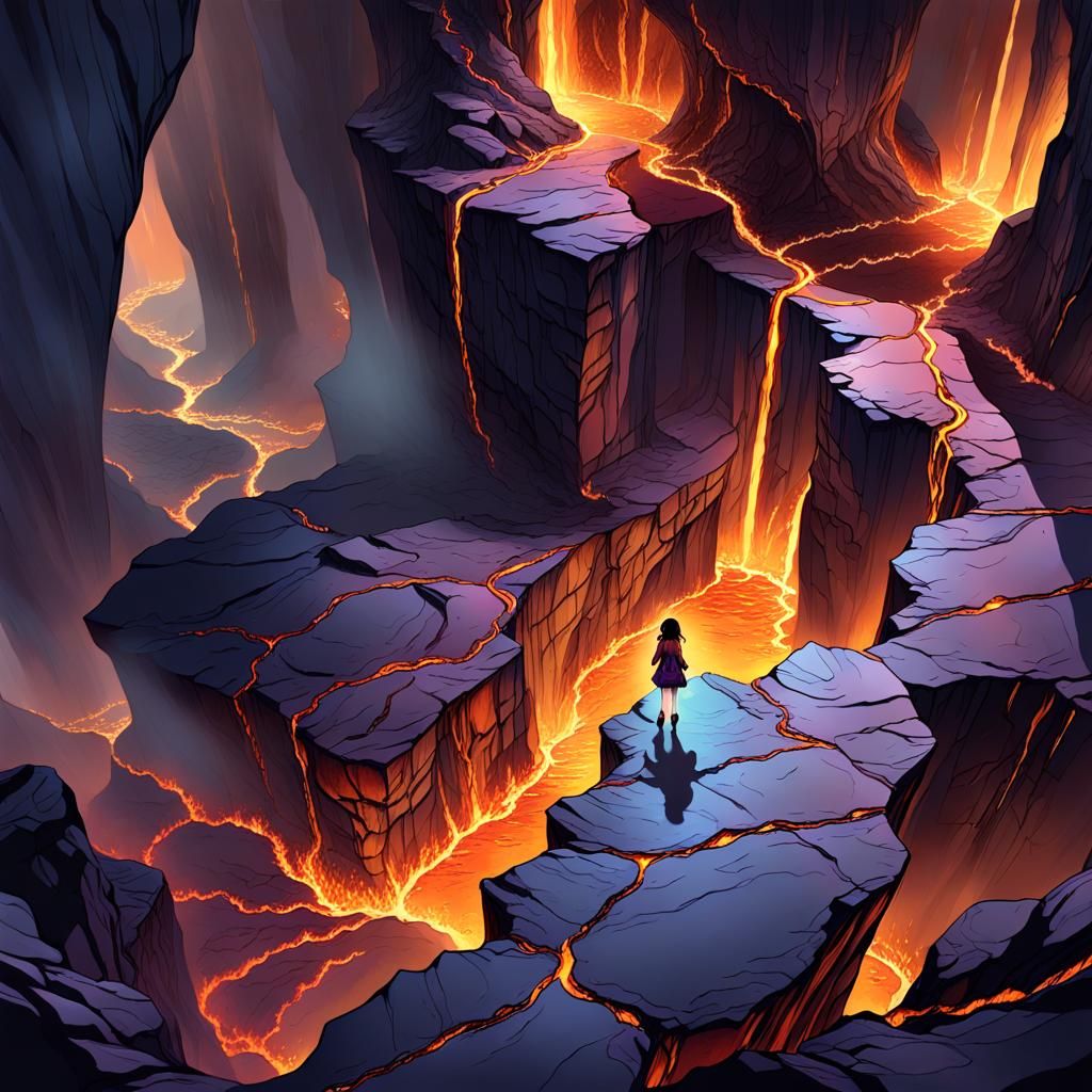 Anime Girl Gazing into Magma Chasm