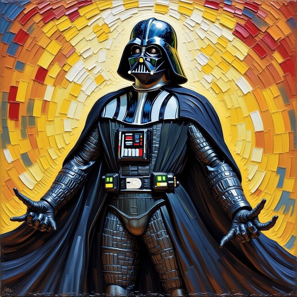 <lora:Van-MO Flux:1.0> An impressionist painting masterpiece of Darth Vader, paint texture