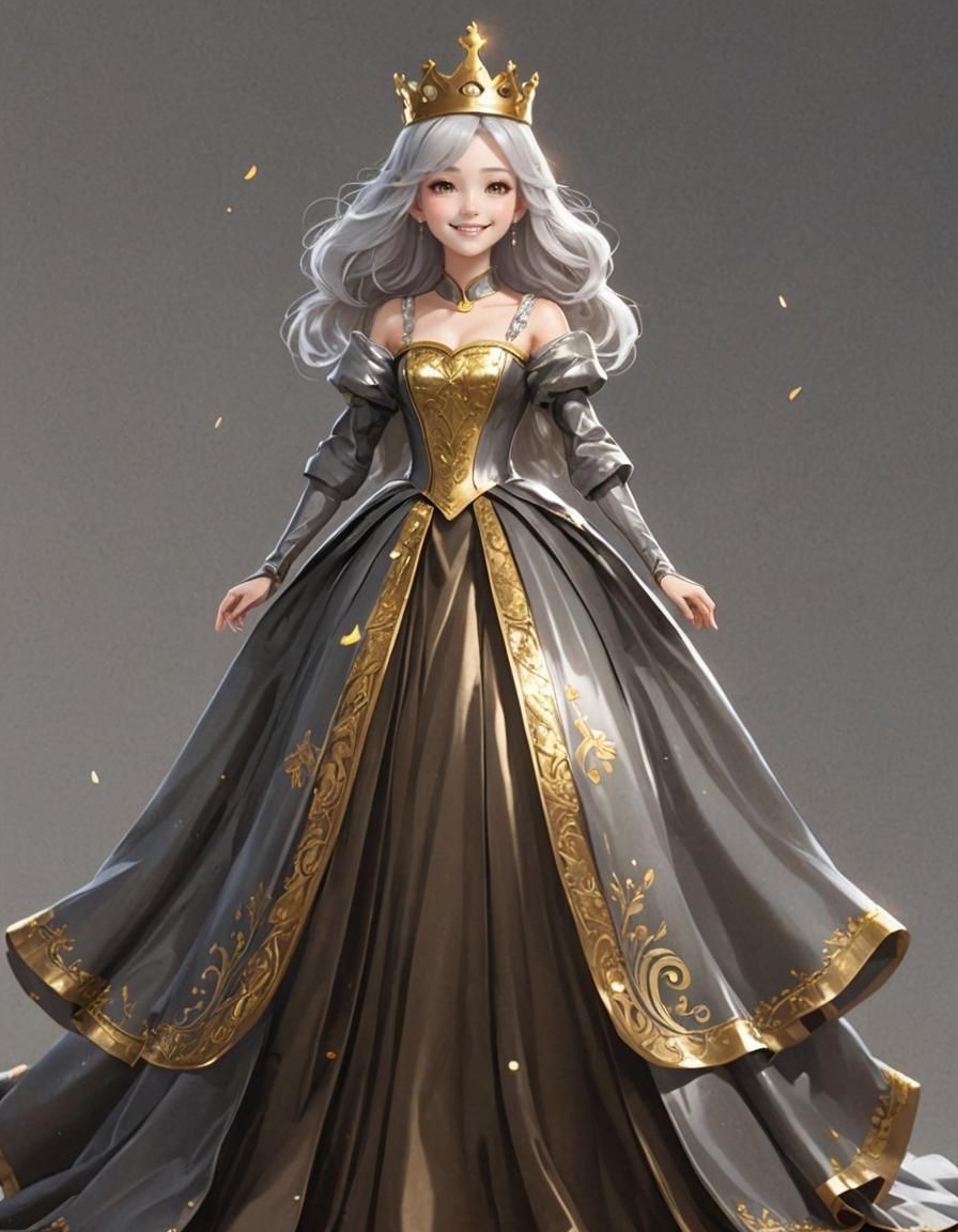 cute princess using a bronze gown. She has silver hair and i...