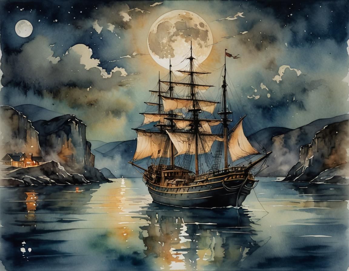 The Midnight Lantern
"Under a full moon, an antique ship floats silently in a harbor, its sails gleaming ...  by @Exo1124