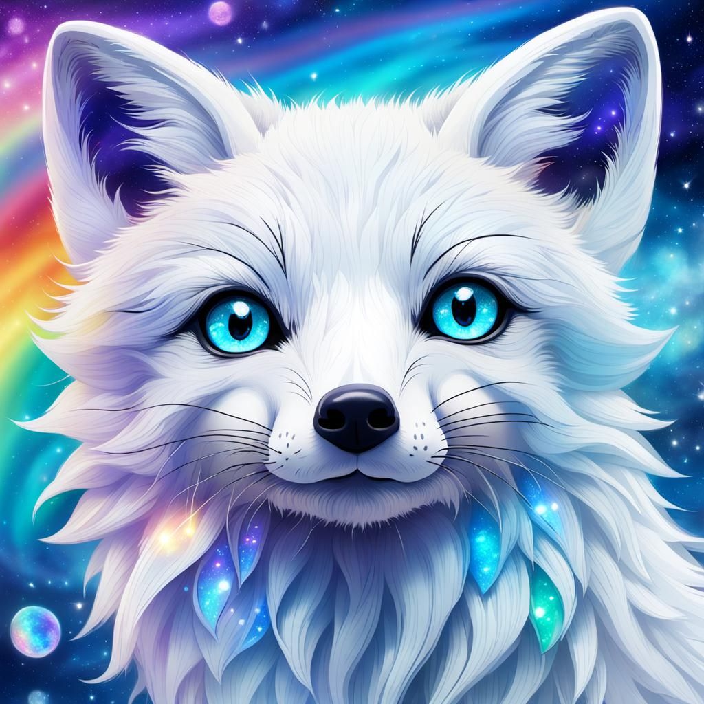 A cute face white fox with blue shiny big eyes, softy shiny ...