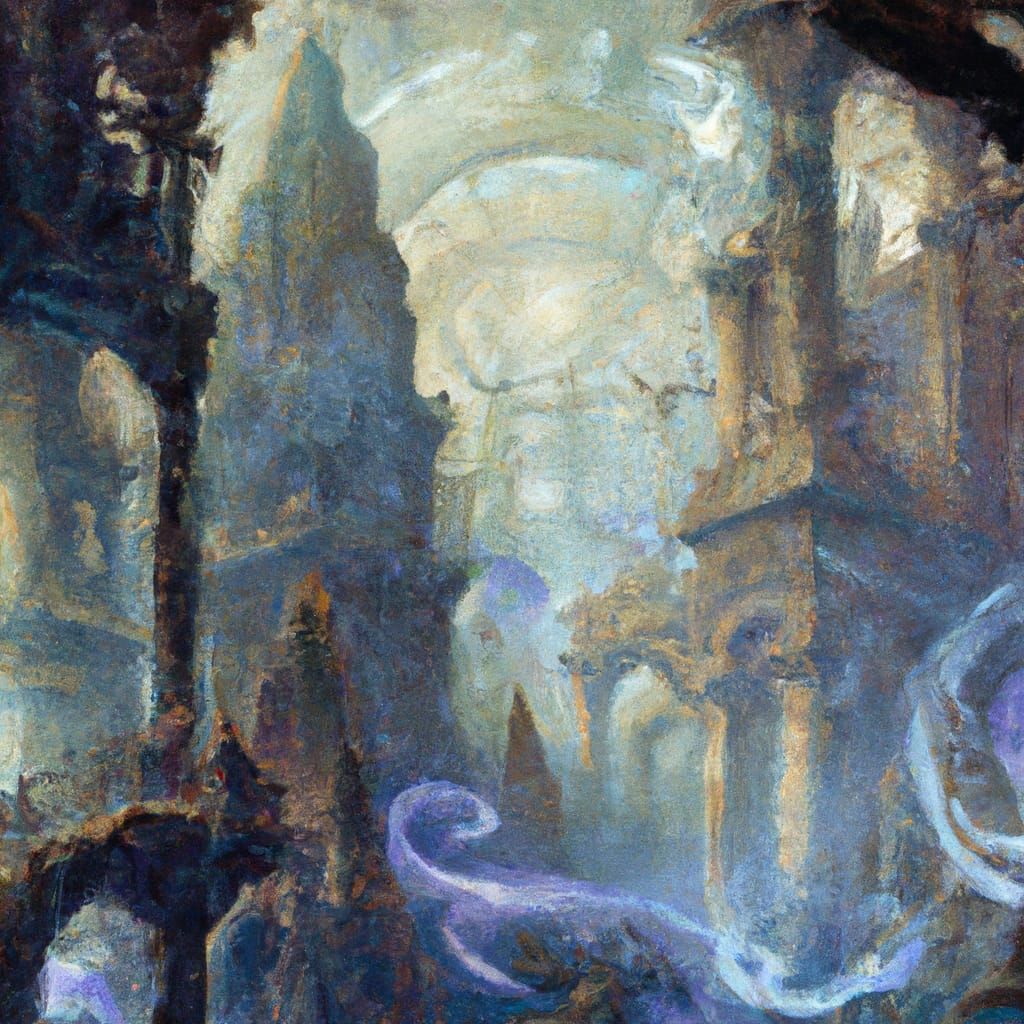 Ghosts swirling around a sunken cathedral 8k resolution conc...