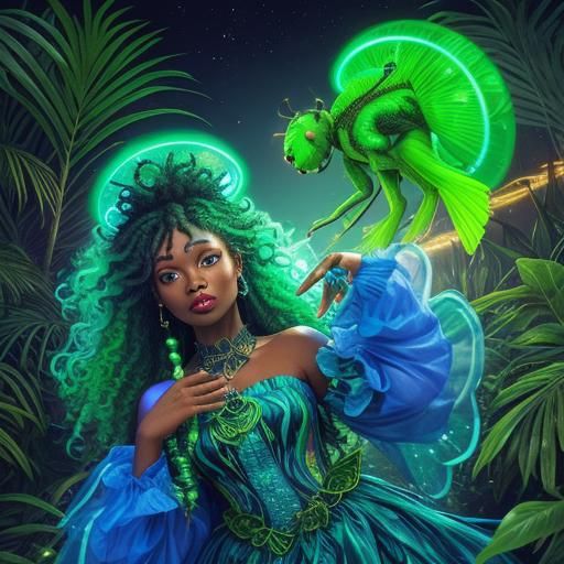 A neon-lit jungle with glowing flora and fauna, where the tr...