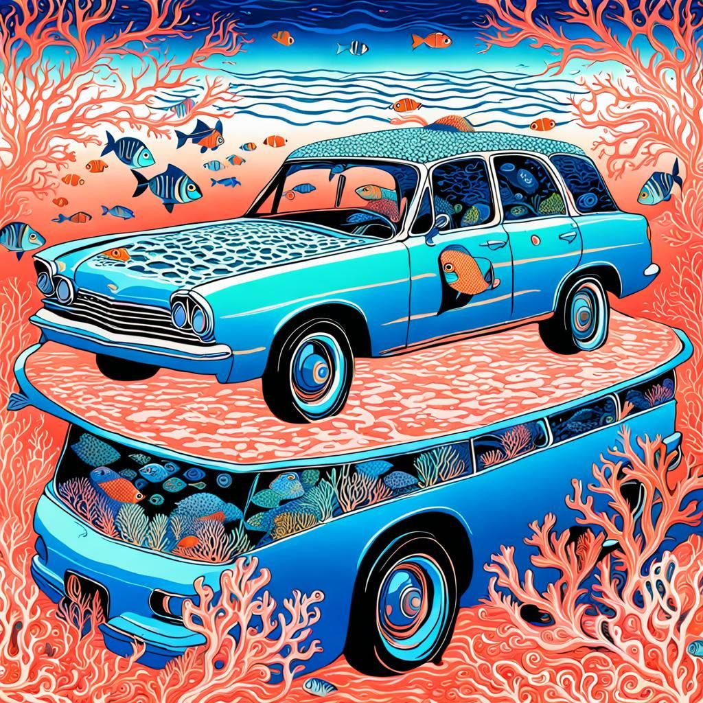 upended  car in the ocean covered in coral and fish swimming...