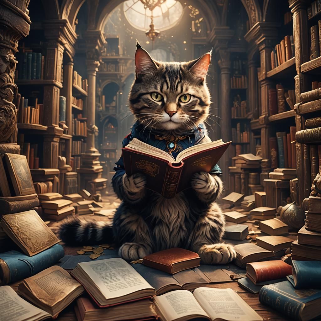 a cat reading a book