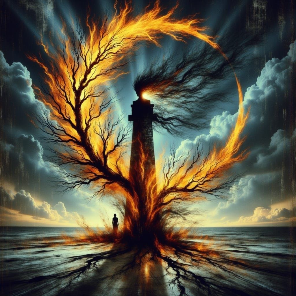 Double exposure, giant yellow-gold enamelled metal surreal steampunk crescent moon :: double exposure a colourful surreal steampunk rusty li...