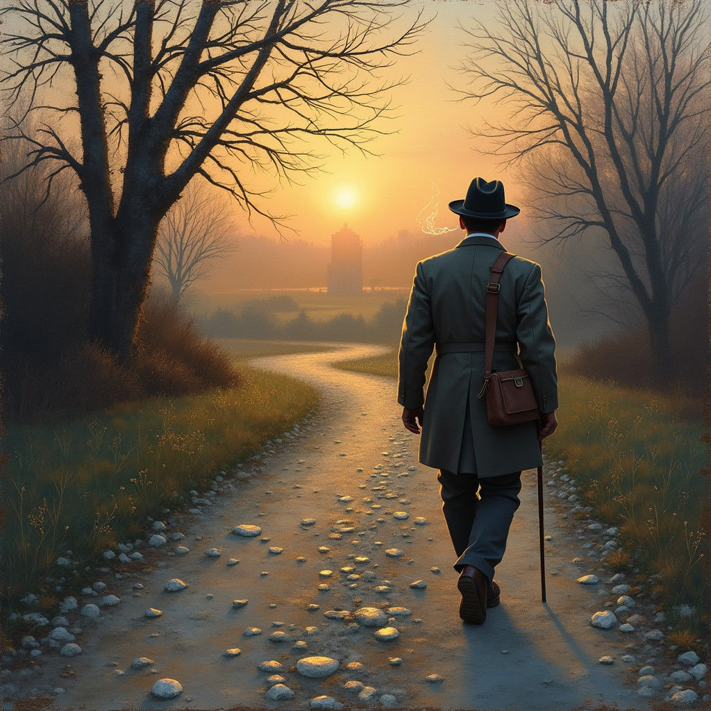 Impressionistic Evening Stroll with Figure and Satchel