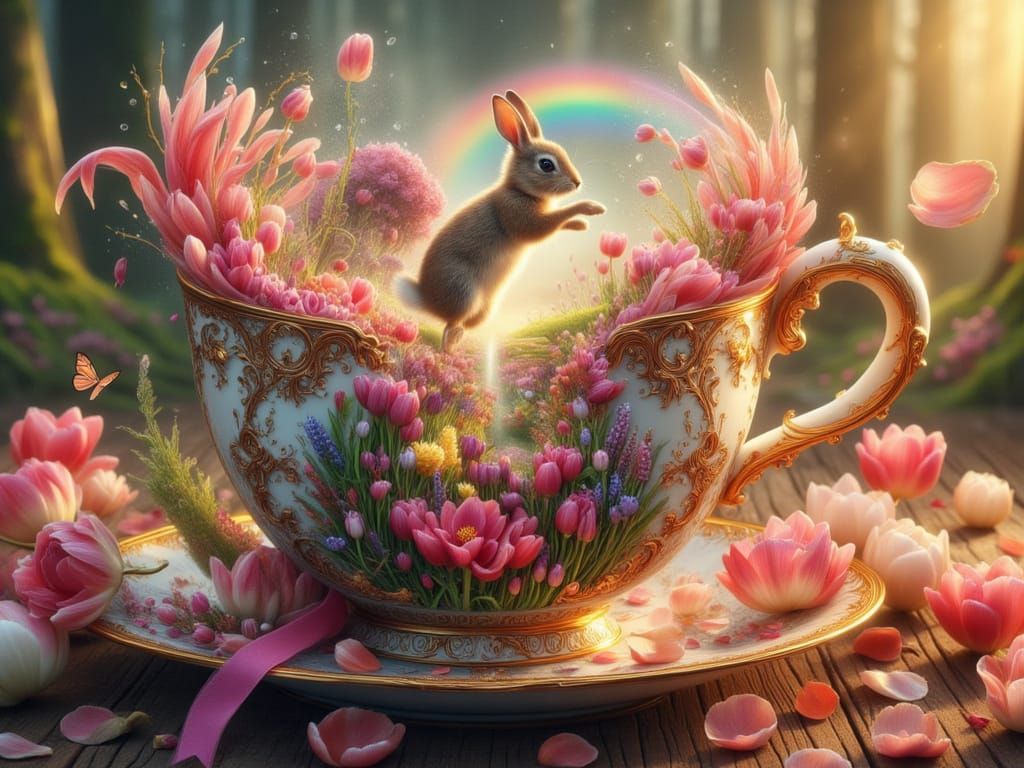 <lora:FiosTeacupRealms:1.0> Spring Hare in a Dutch Tulip Field