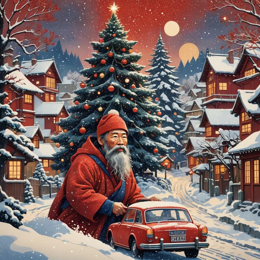 Japanese Kerstman arrived in the village in a nice red car.