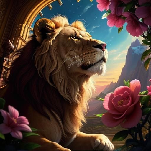 Lion on Scooter Surrounded by Flowers