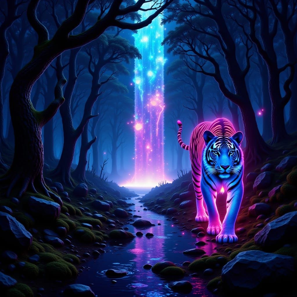 A neon tiger walks through a dark forest to a brightly multicolor waterfall at the end. <lora:Natures Finest:1.0> <lora:mathamagical:1.0> <l...