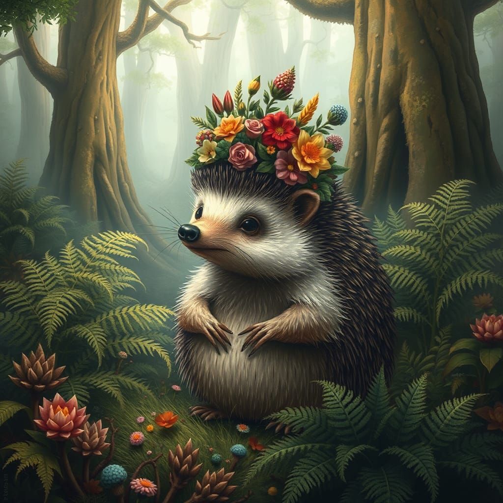 Hedgehog Monarch in Enchanted Forest, Folk-Art Style