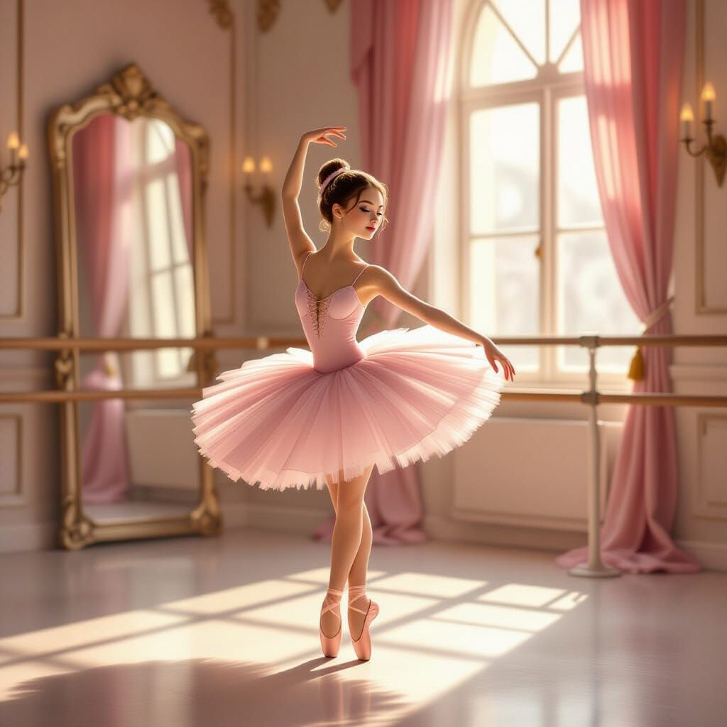Elegant Ballerina in Ballet Studio, Illustration Style