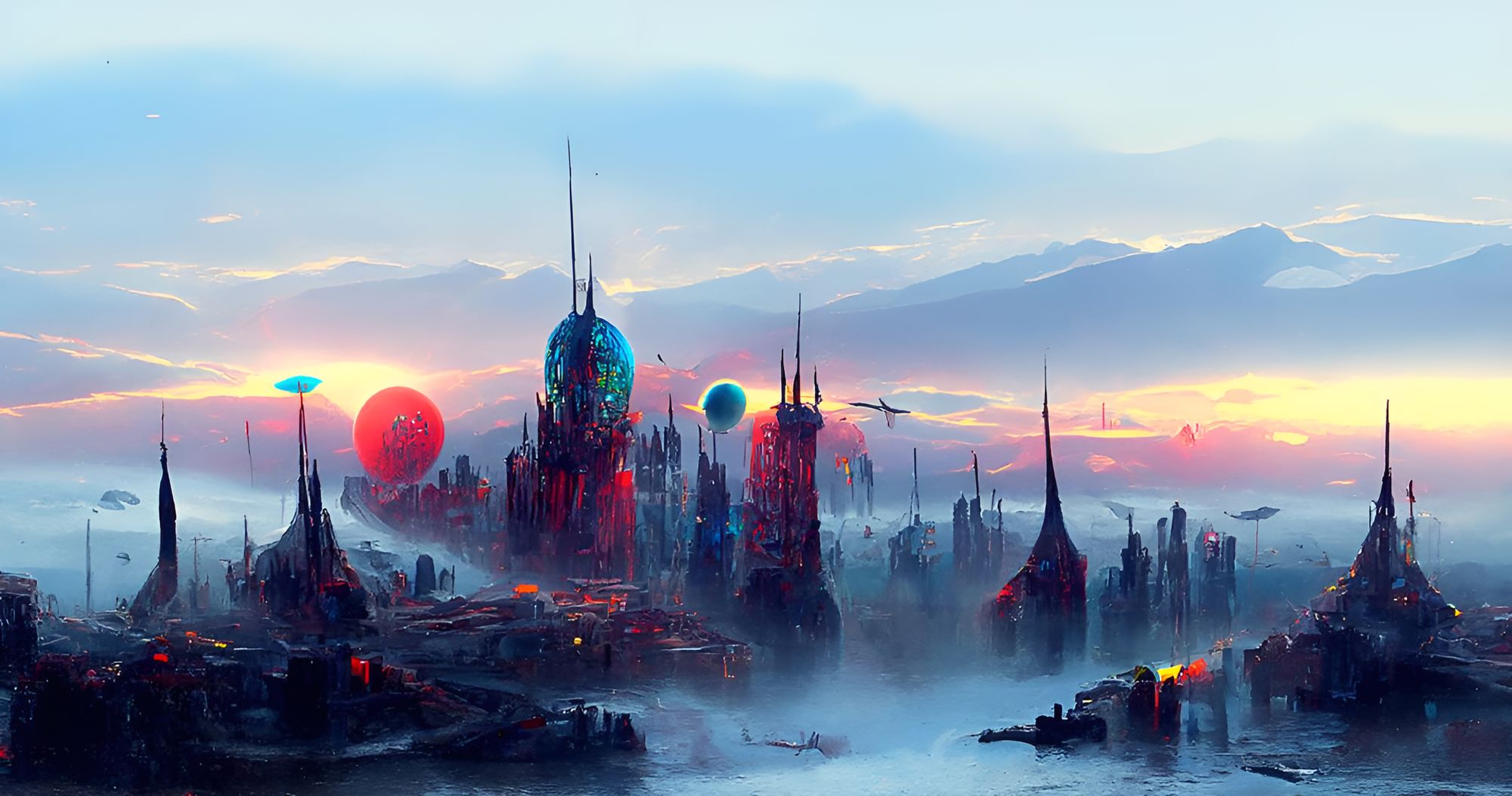 a beautifully detailed painting of a futuristic space city at dawn 