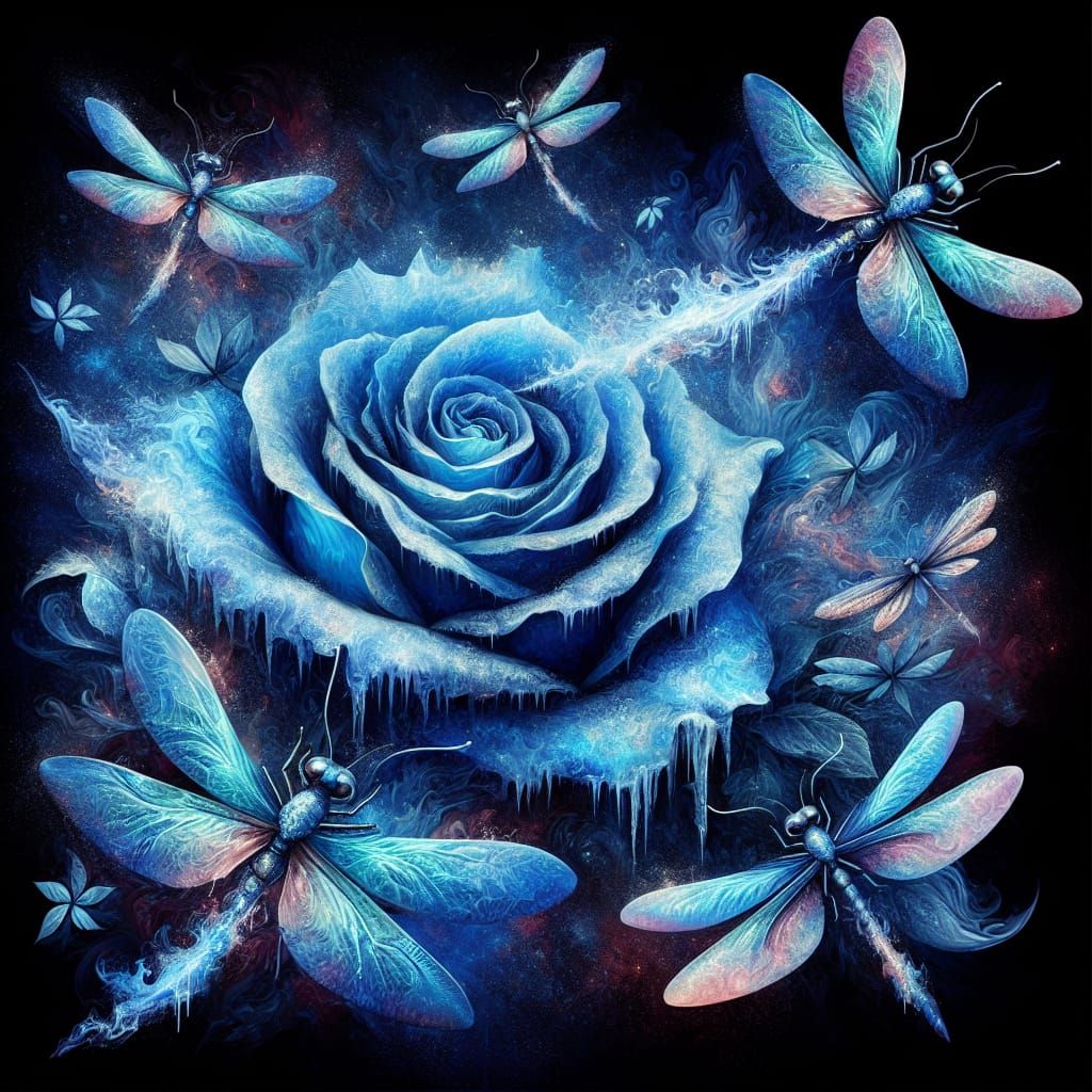 Blue flame dragonflies encircling an ice-covered blue rose