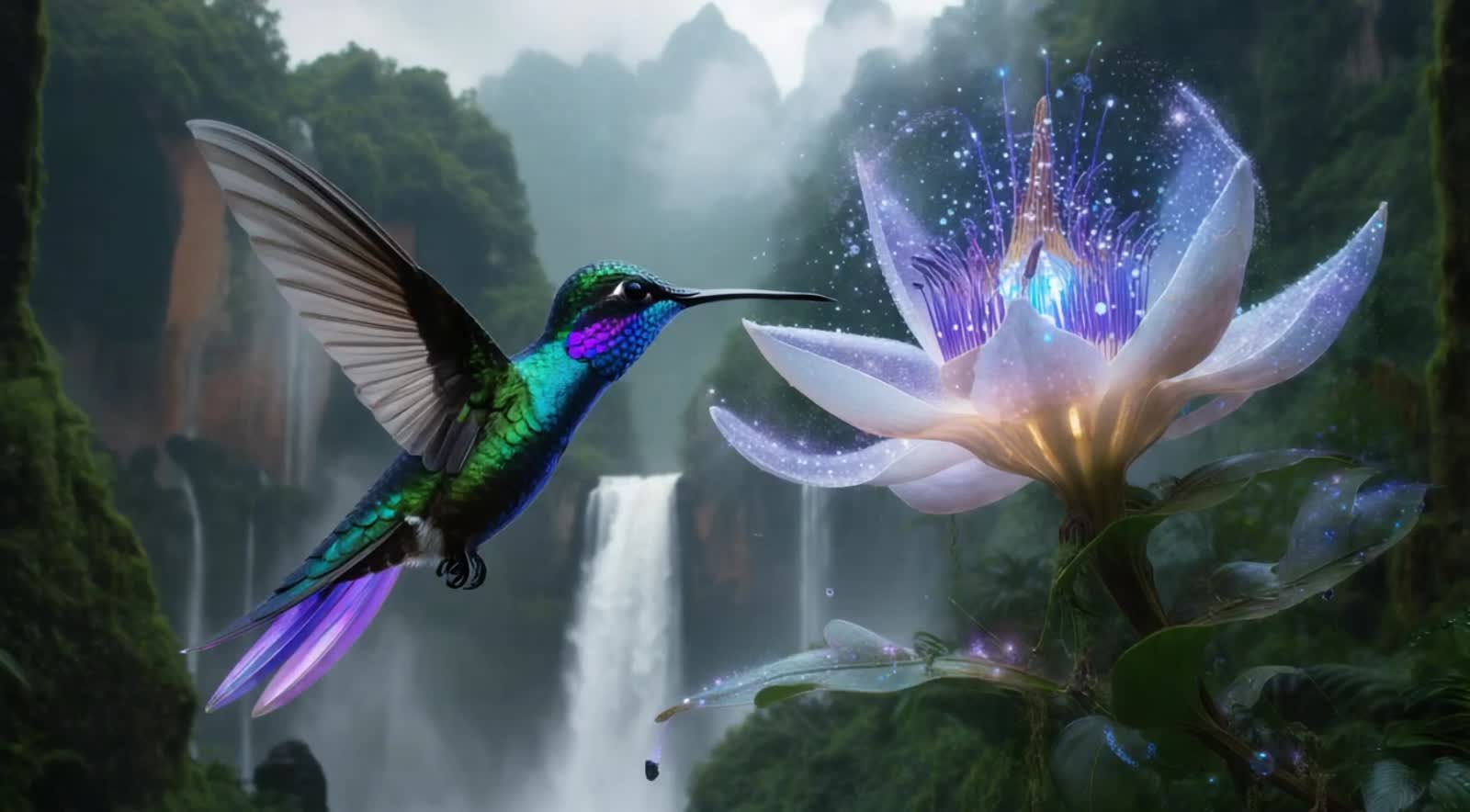 A bioluminescent hummingbird fluttering around a giant alien flower in a hidden jungle valley. The air shimmers with pol...
