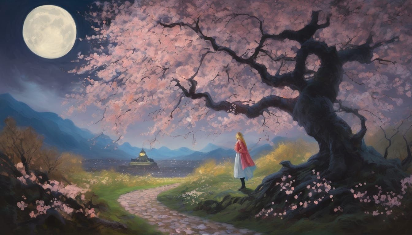 A breathtaking fantasy night scene under a radiant full moon. A graceful woman stands amidst a grove of cherry blossom trees in full bloom e...