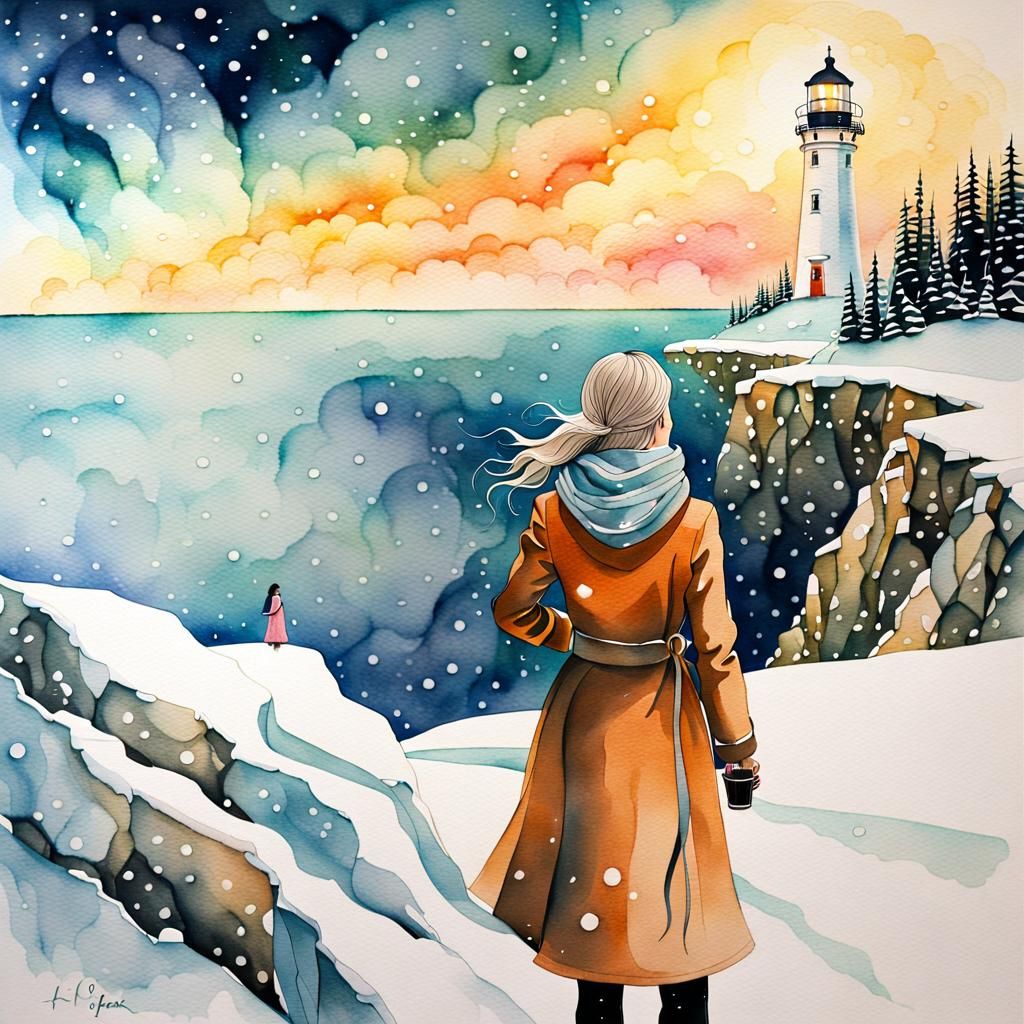 Woman Contemplates Life's Mysteries at Snowy Cliffs