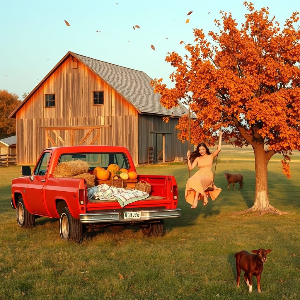 Imagine a scene of a wooden barn in a field with a old red pickup truck sitting to the left of it with its tailgate down...