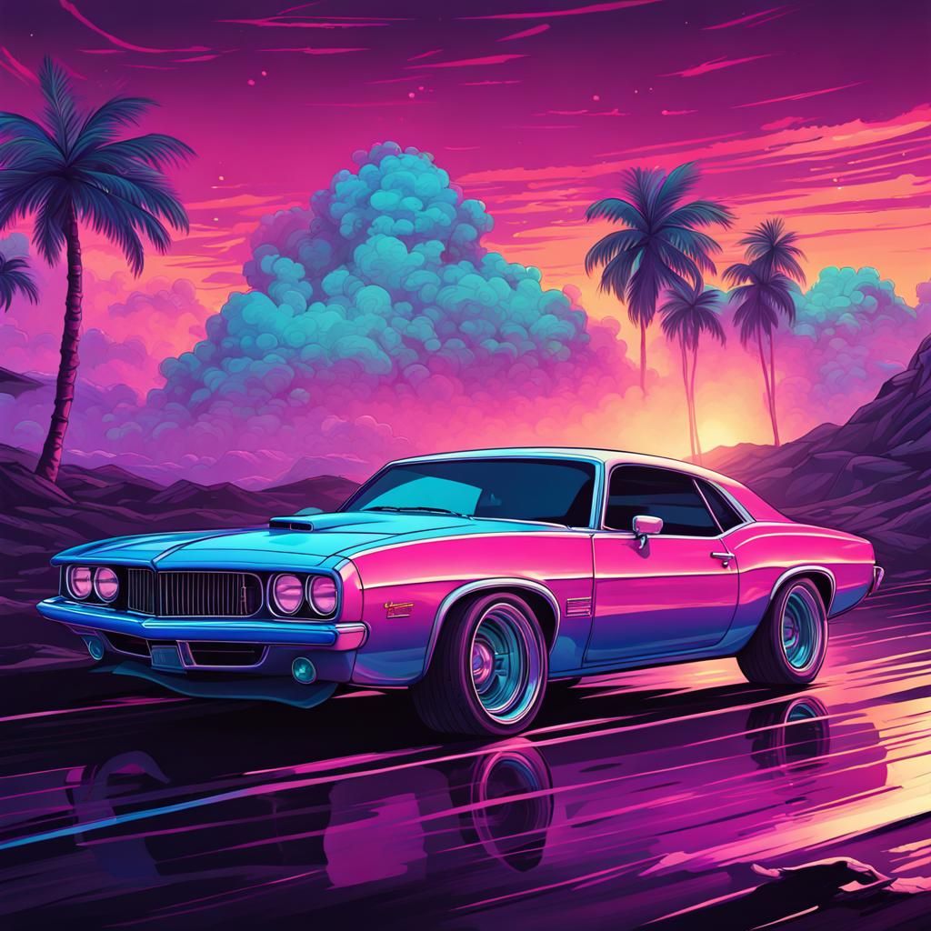 Vapor wave colored muscle car poster by jackie duneke rebecca king, in the style of cyril rolando, colored ...  by @ArtByAj
