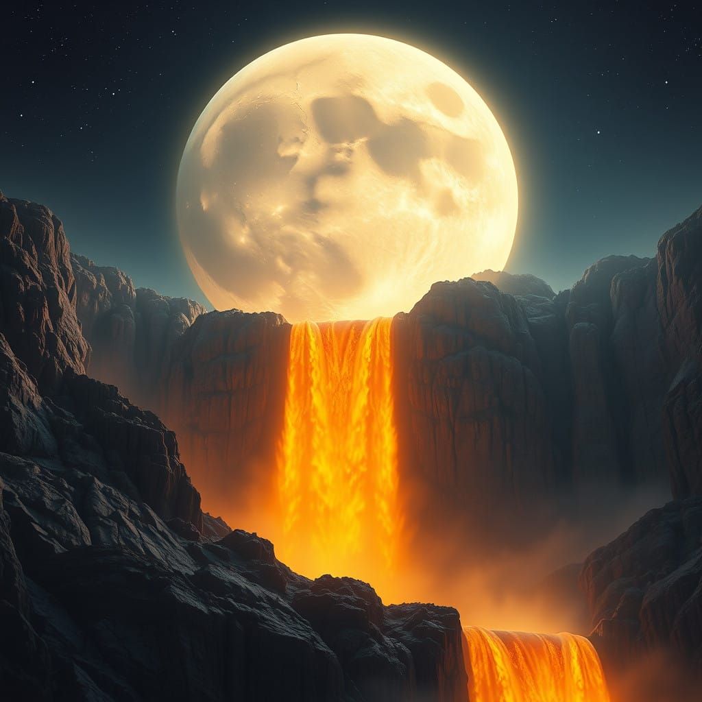 A large moon in the night sky looking over a waterfall that is glowing amber in the night sky   by @Chop