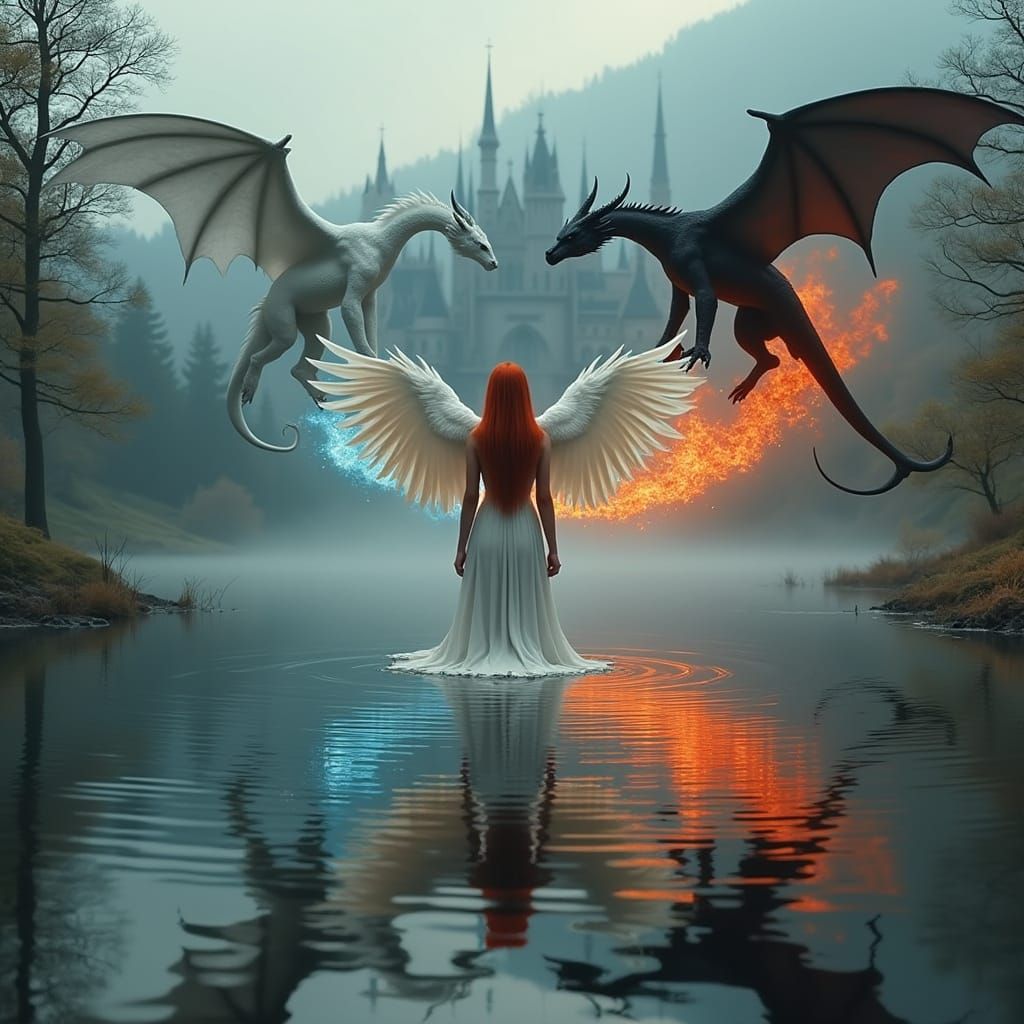  A beautiful red-haired angel woman with white wings spread stands by a lake. Her reflection in the calm water shows a naked red-haired devi...