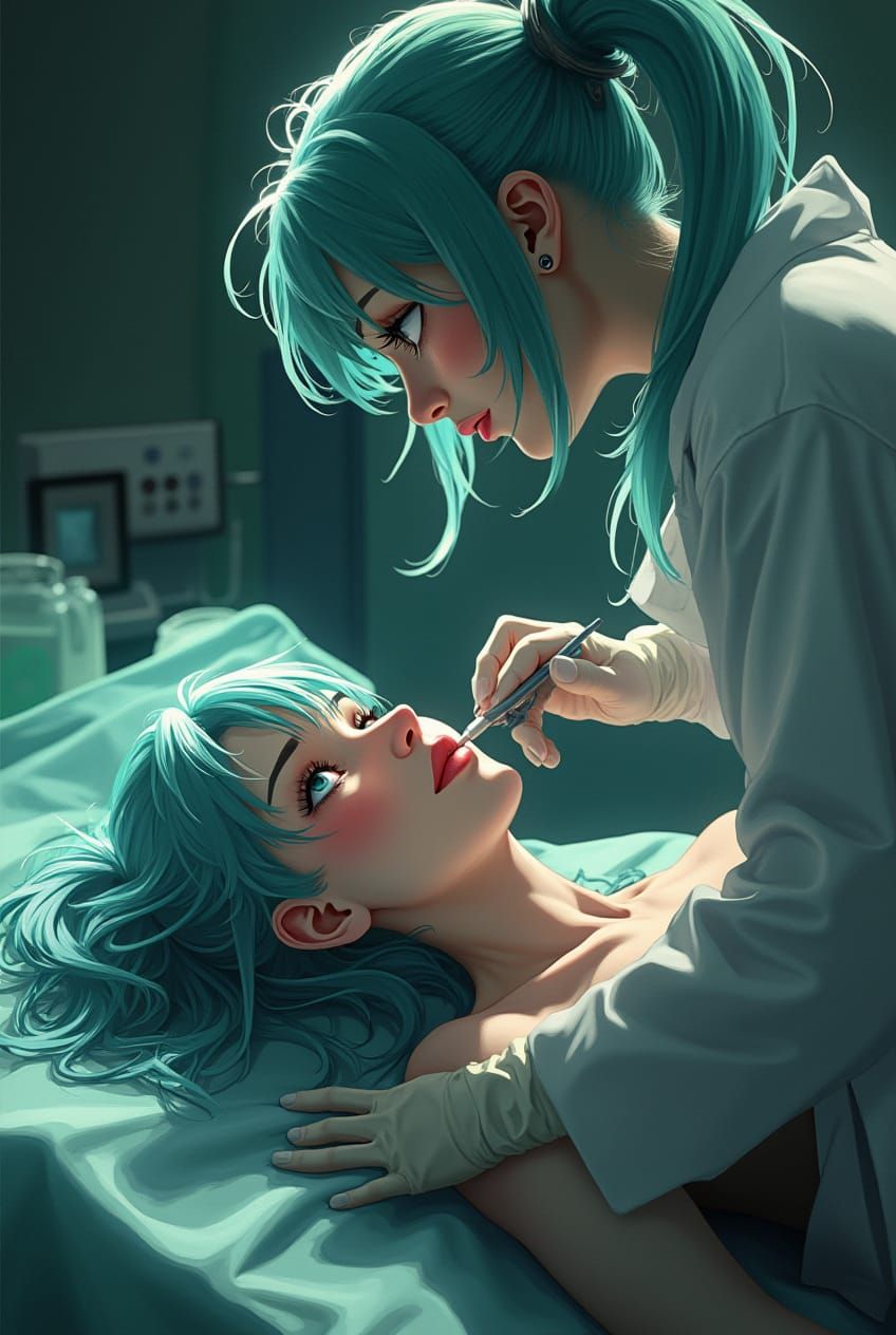 (Hatsume miku laying on morticians table) (Károly Lotz Disney princess pinup art style)