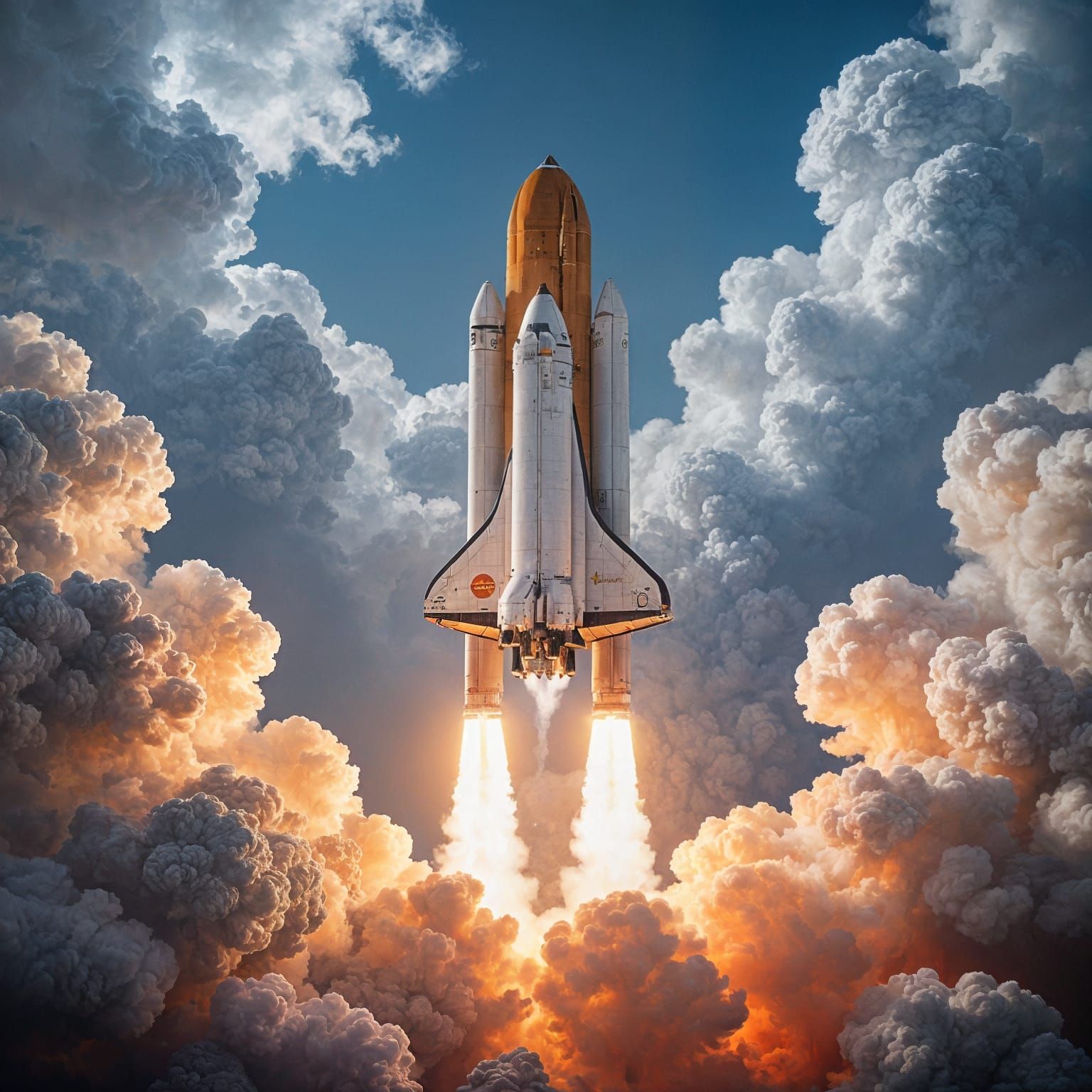 Dramatic Space Shuttle Launch Ascending Through Fiery Clouds