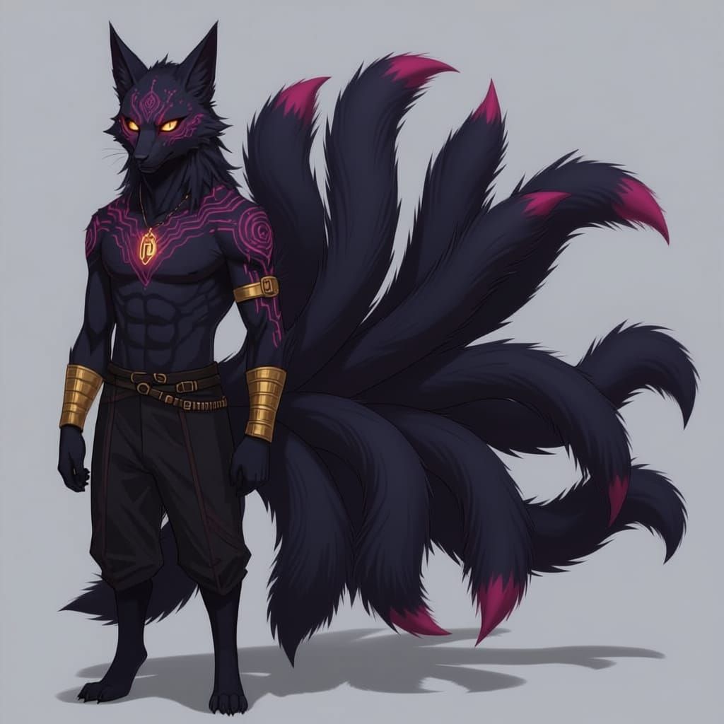 


> *"Anthropomorphic male kitsune, front view, full body — 7'2" tall, lean digitigrade build with sleek jet-black fur patterned in glowing...