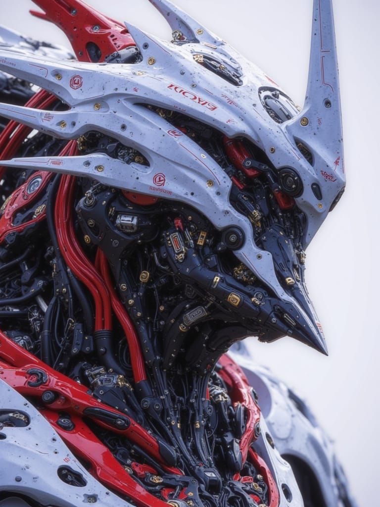 <lora:Predatory Mecha II:1.0> White and red exquisitely detailed mecha