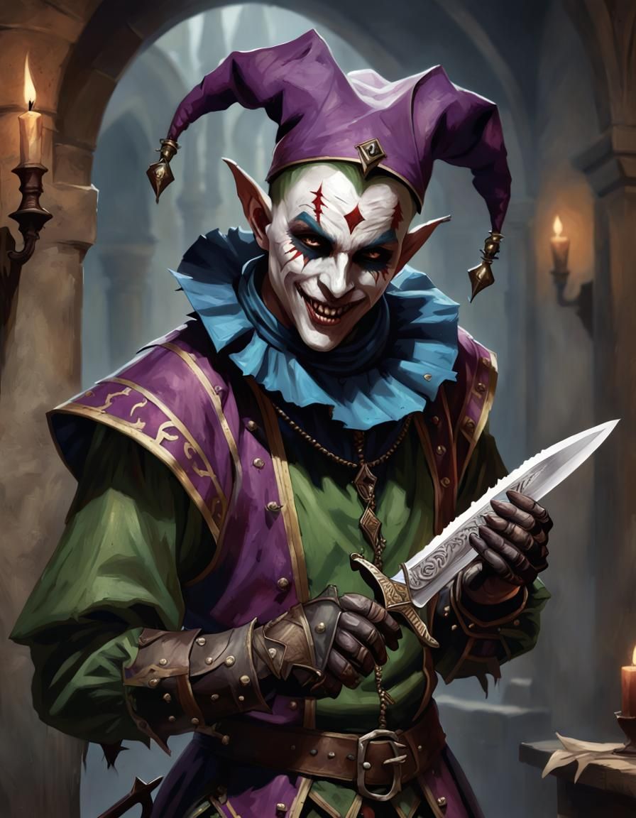 Masked Jester, bard, magic, magical, dhampir, fantasy, fantasical