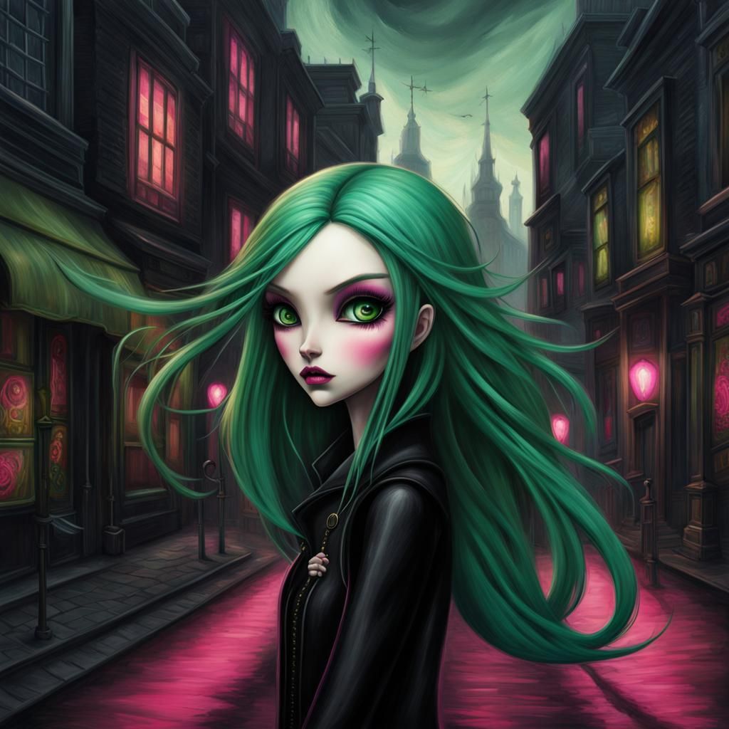 Walking in the windy street goth punk woman with long green ...