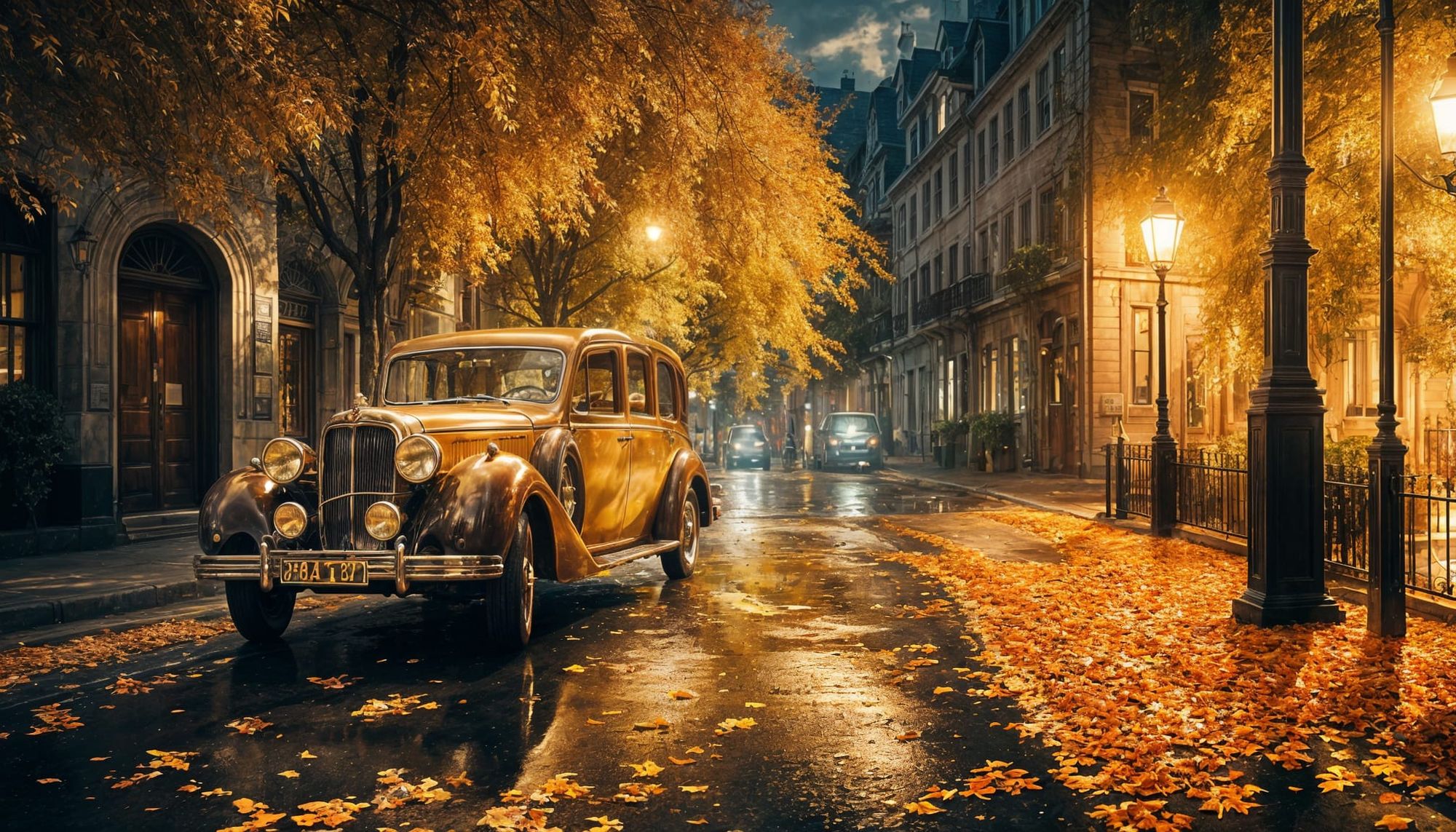 An enchanting autumn evening on a quiet city street, where a vintage car, polished and shining, is parked under a streetlamp casting a warm,...