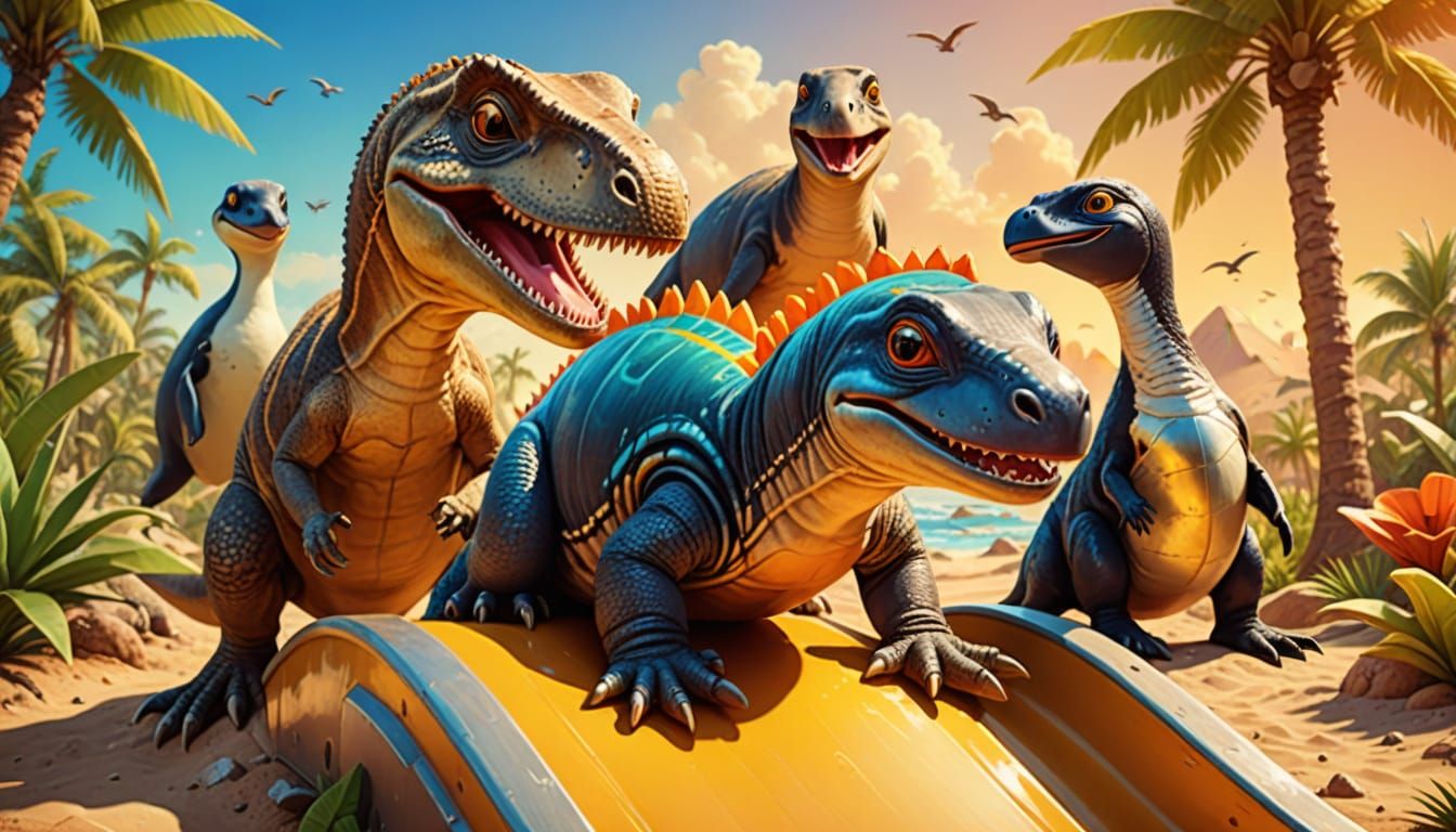 dinosaur slide, Galapagos Penguin vivid, lurking Egyptian Tortoise