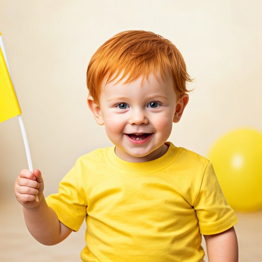 Happy Ginger Toddler Boy Celebrates Second Birthday in Yello...